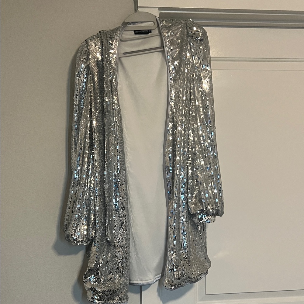 PrettyLittleThing Silver Sequin Jacket w/belt